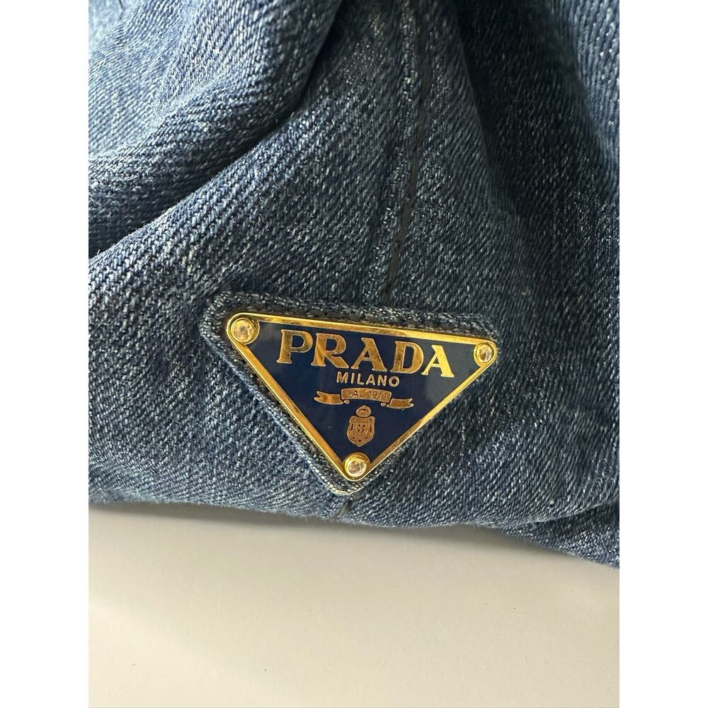 PRADA Denim Tote Bag Shopper Triangle Logo Handbag Shoulder Bag - Picture 2 of 16